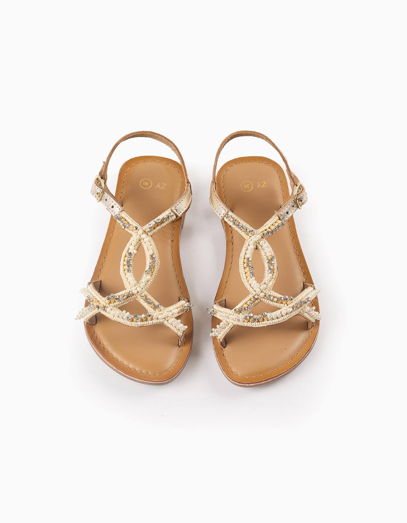 Sandales En Cuir Avec Perles Et Strass Blanc