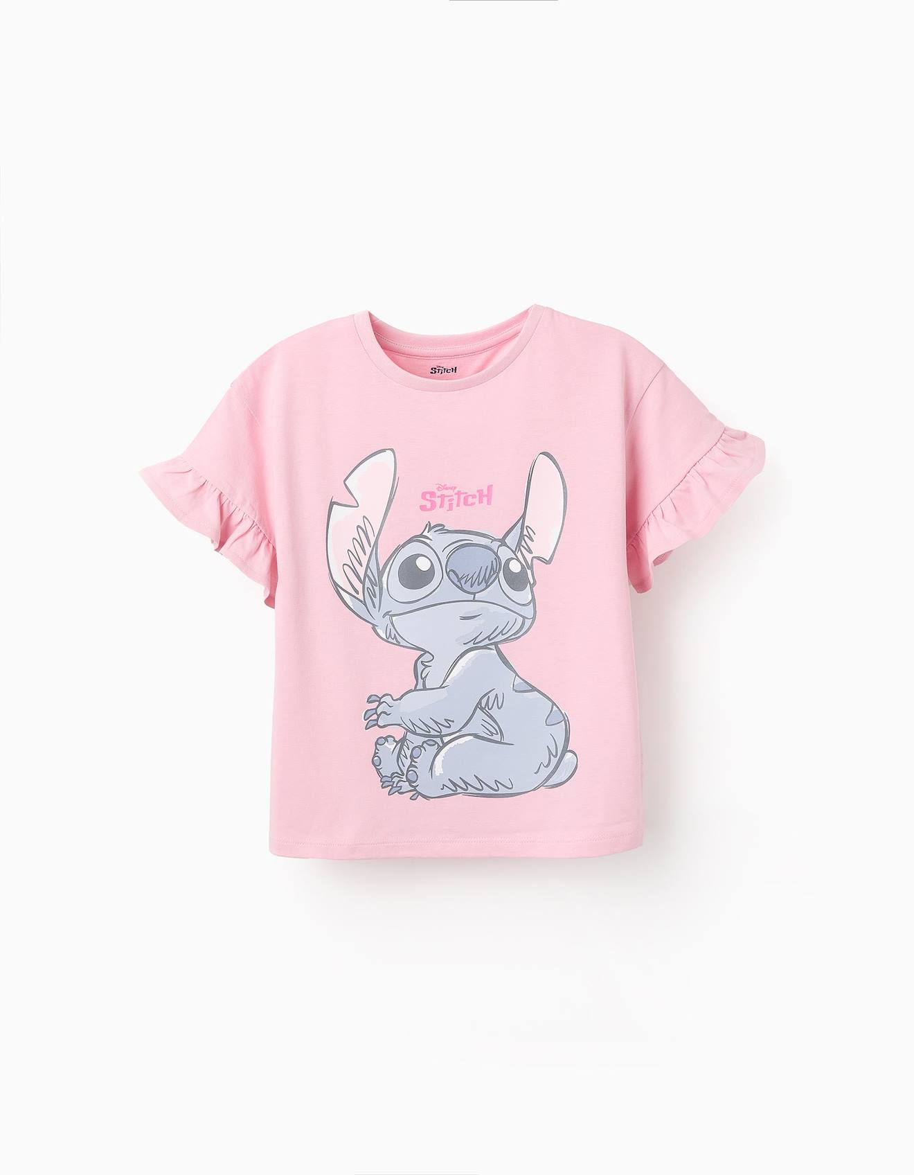T-shirt En Coton À Manches À Volants Lilo Et Stitch Rose Clair