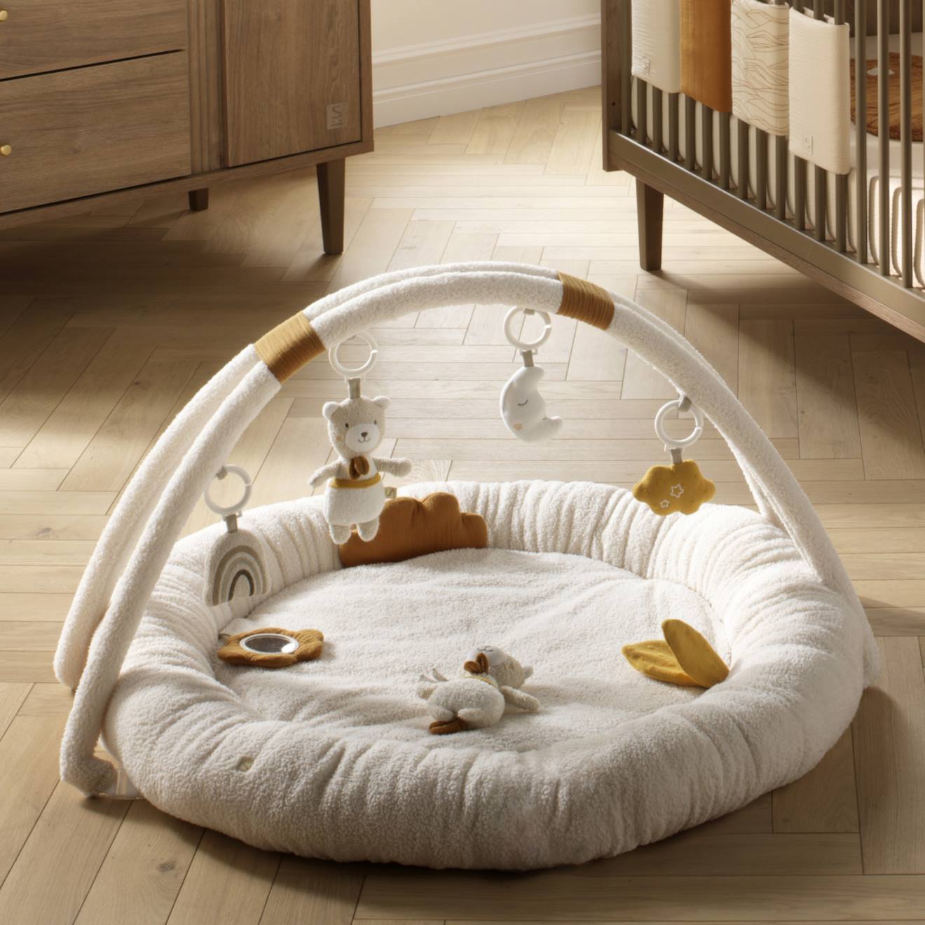 Tapis D'éveil Rond En Bouclette Coton Bio - Petit Nuage Blanc/jaune (Sauthon) - Image 1