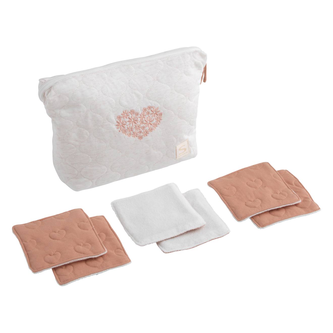 Trousse De Toilette En Coton Matelassé Et 6 Carrés Éponge - Petit Nuage Blanc/rose