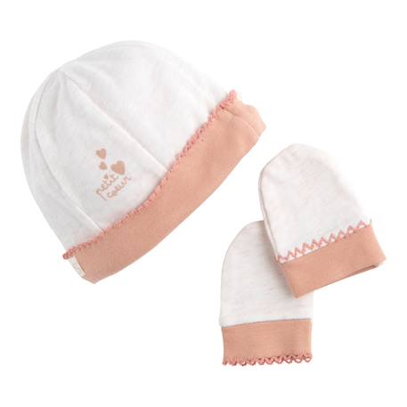 Bébé-Accessoires-Chapeau-Lot bonnet et moufles bébé en coton - petit coeur