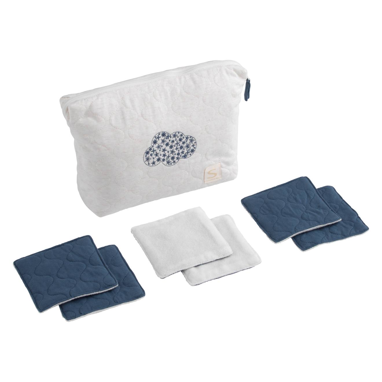 Trousse De Toilette En Coton Matelassé Et 6 Carrés Éponge Blanc/bleu