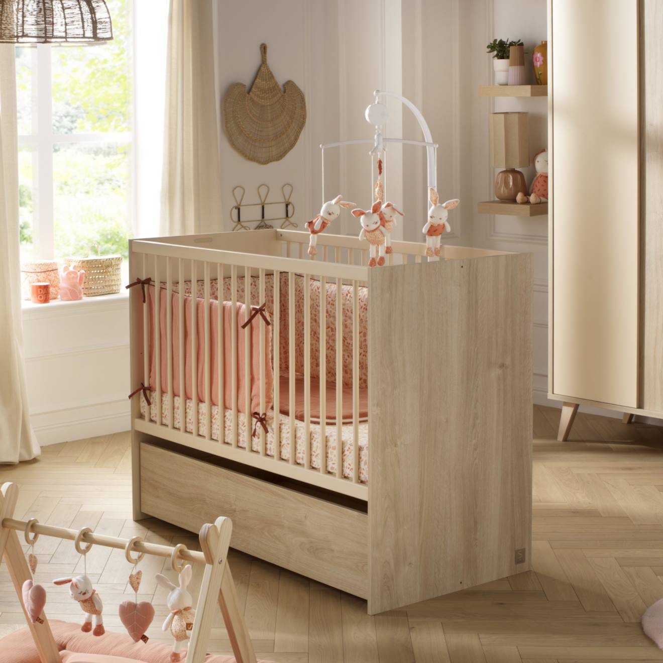 Lit Bébé Évolutif Avec Têtes Panneaux Imitation Bois Marron/beige