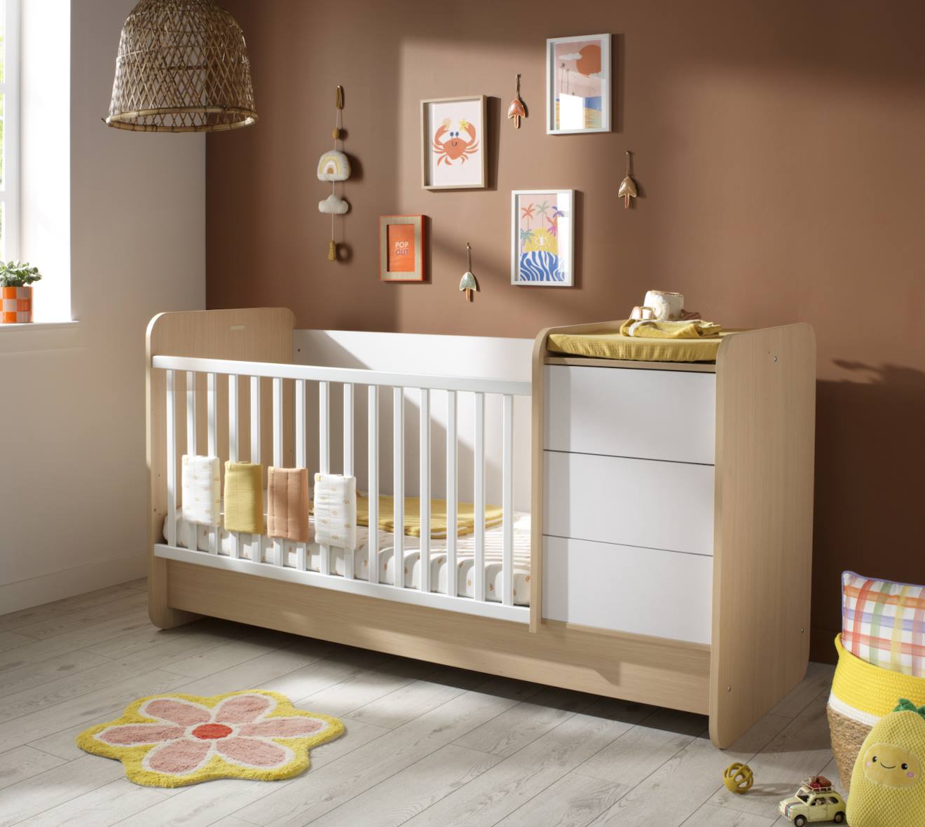 Lit Combiné Évolutif Avec Commode À Langer 3 Tiroirs Beige/blanc