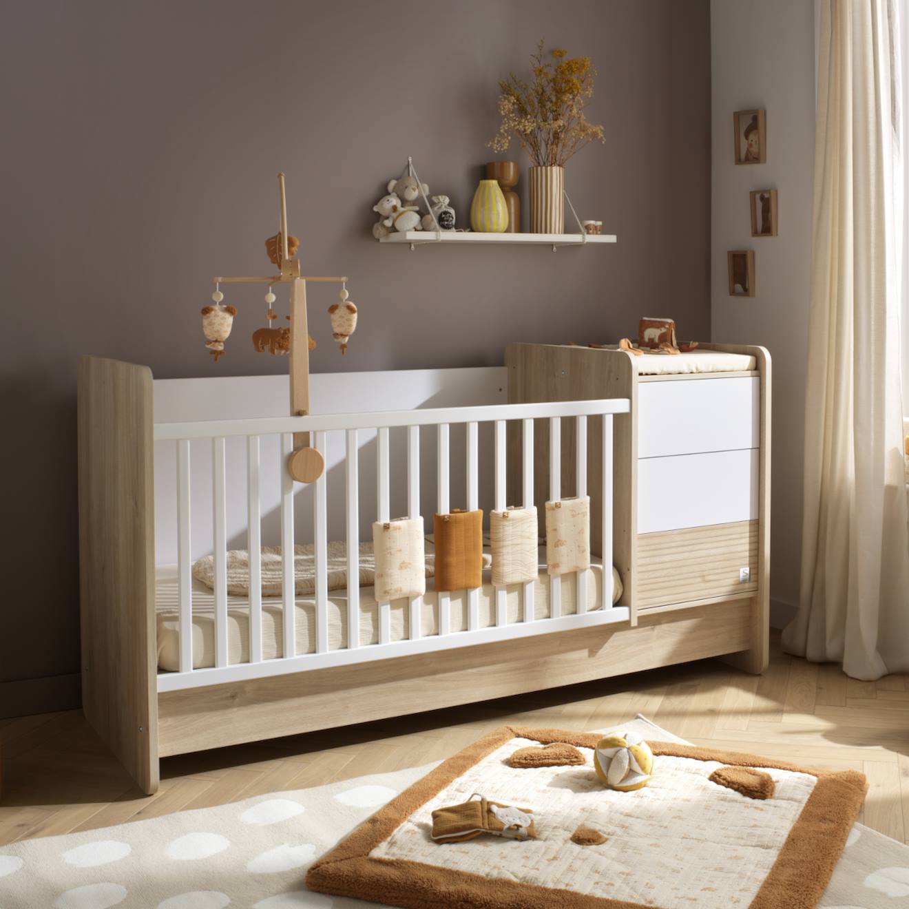 Lit Combiné Évolutif Avec Commode À Langer 3 Tiroirs - Paloma Marron/blanc