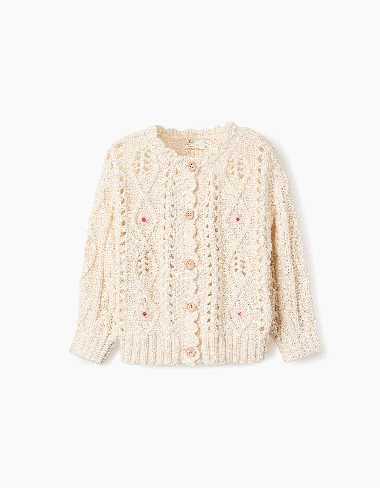 Gilet En Maille Épaisse Avec Broderies De Fleurs Écru