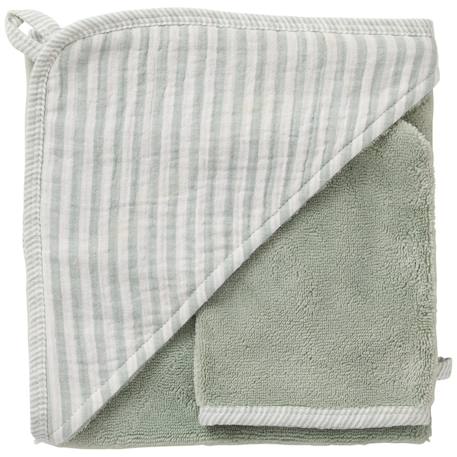 Fille-Peignoir de bain-Cape de bain + gant éponge bambou et gaze rayé vert de gris