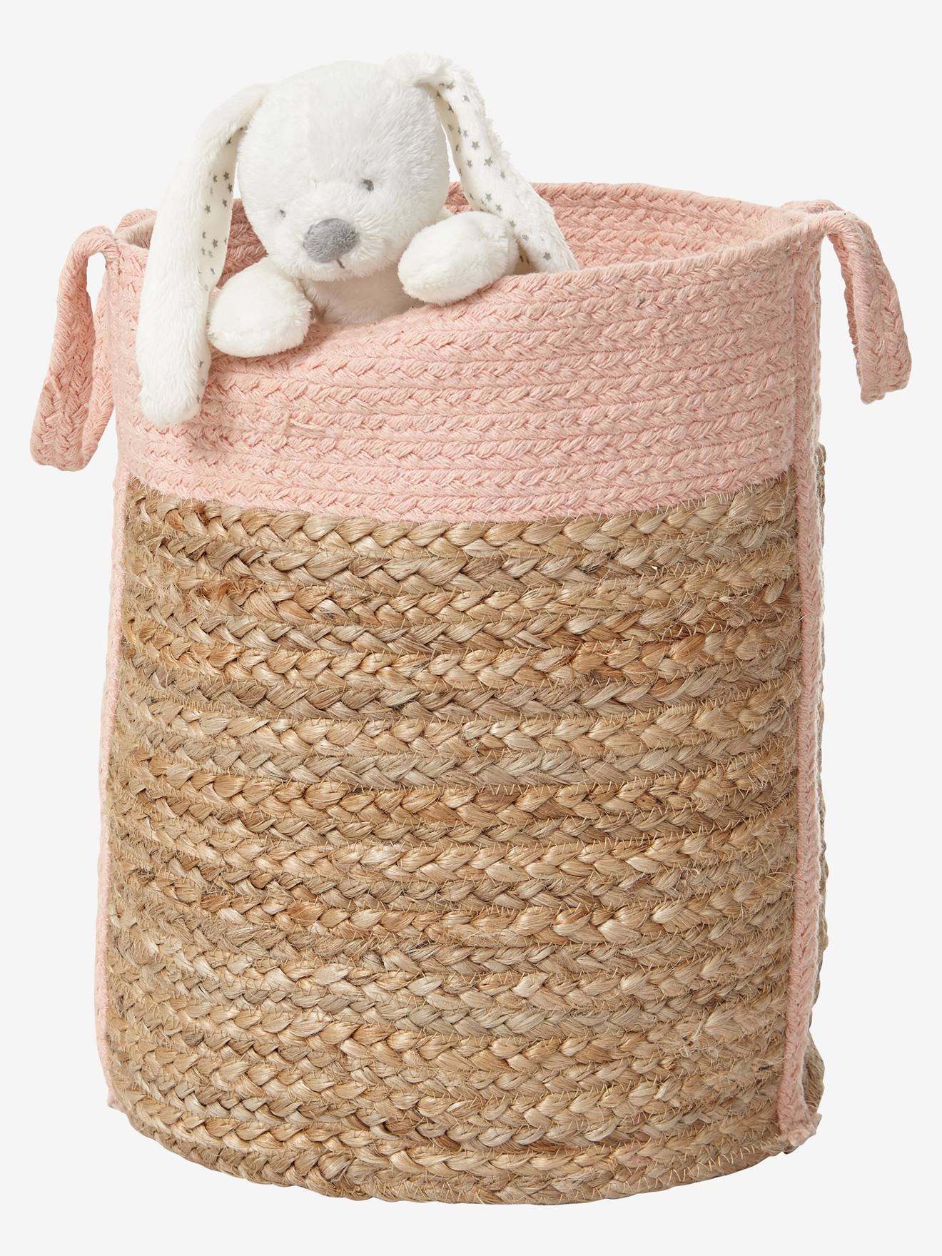 Panier de rangement en jute bicolore osier/rose
