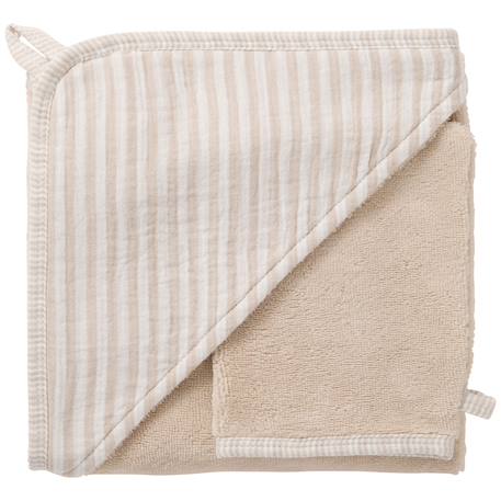 Bb&Co - Cape De Bain + Gant Éponge Bambou Et Gaze Rayé Galet Beige, Blanc
