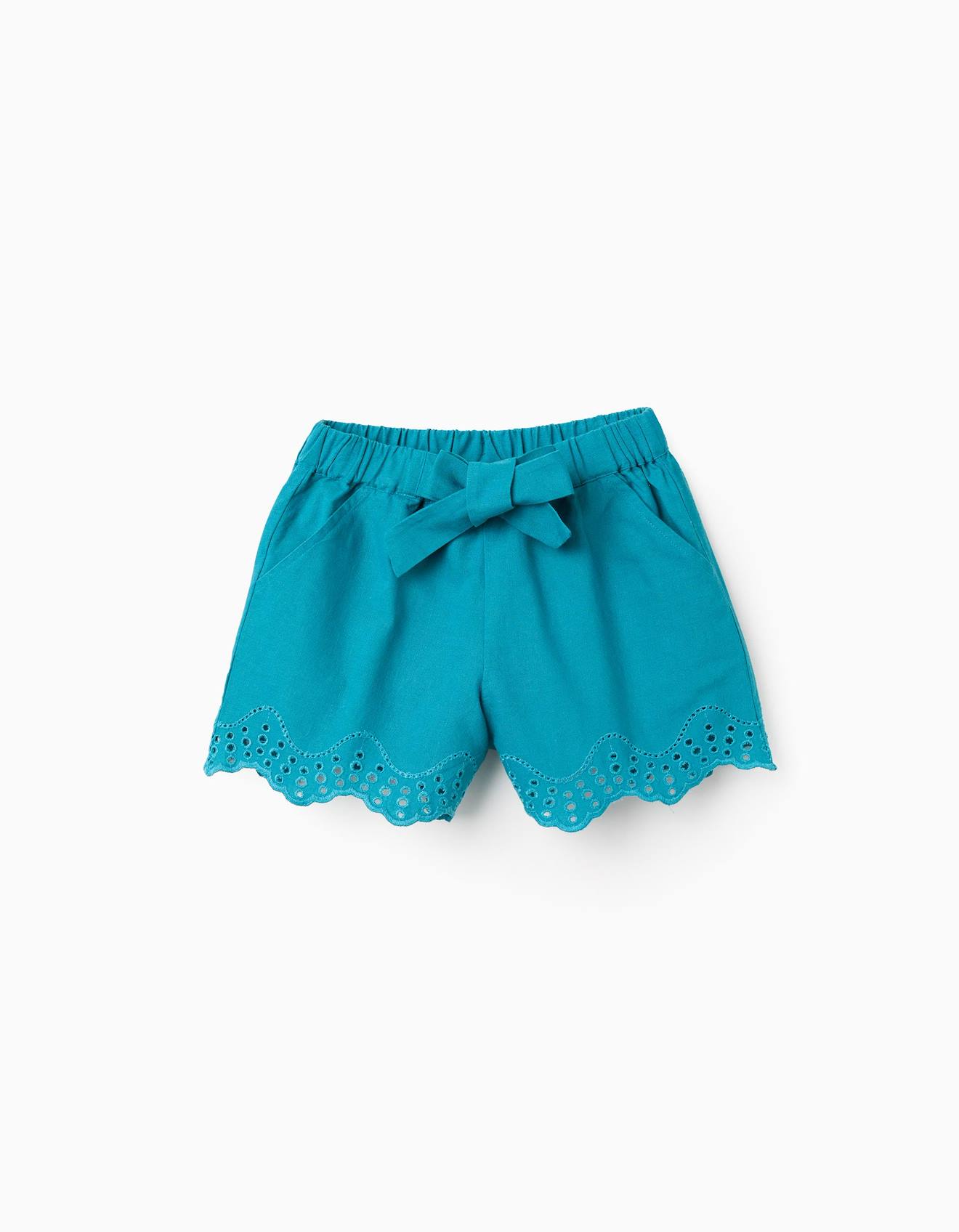 Short En Coton Et Lin Avec Broderie Anglaise Bleu