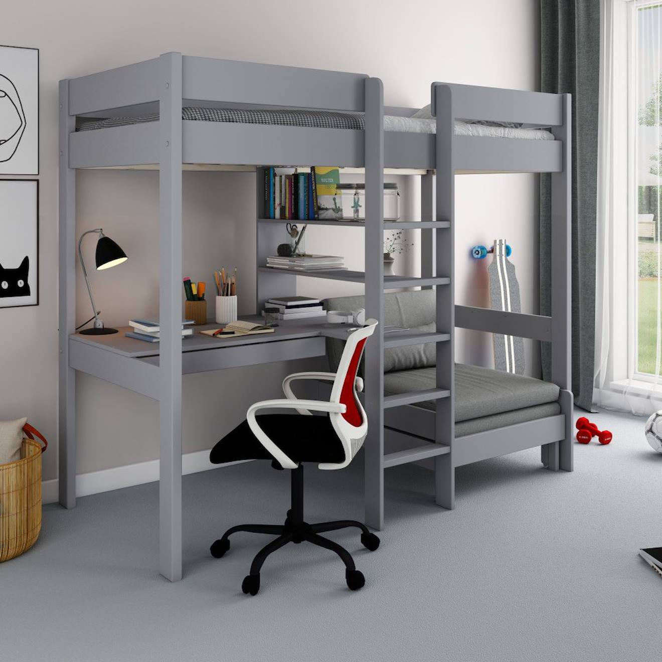 Lit Mezzanine Avec Bureau Et Chauffeuse Pin Massif Basile Gris