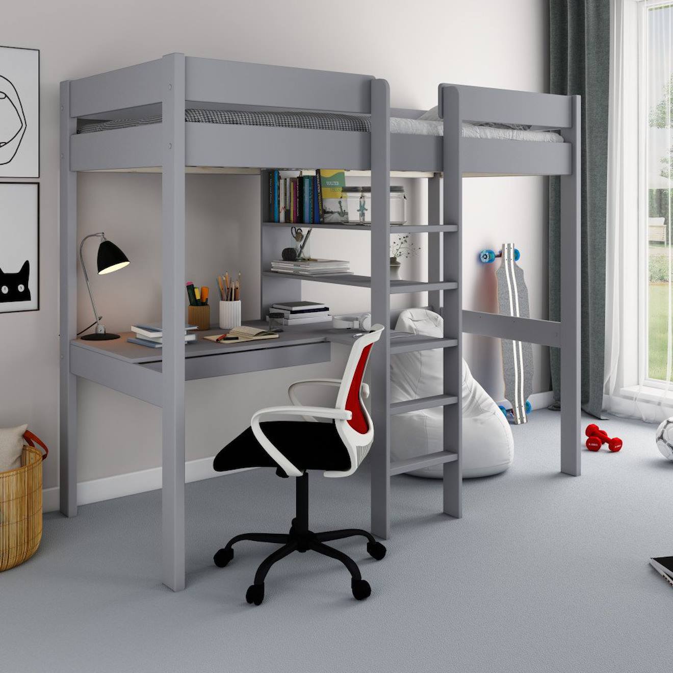Lit Mezzanine Avec Bureau Pin Massif Basile Gris
