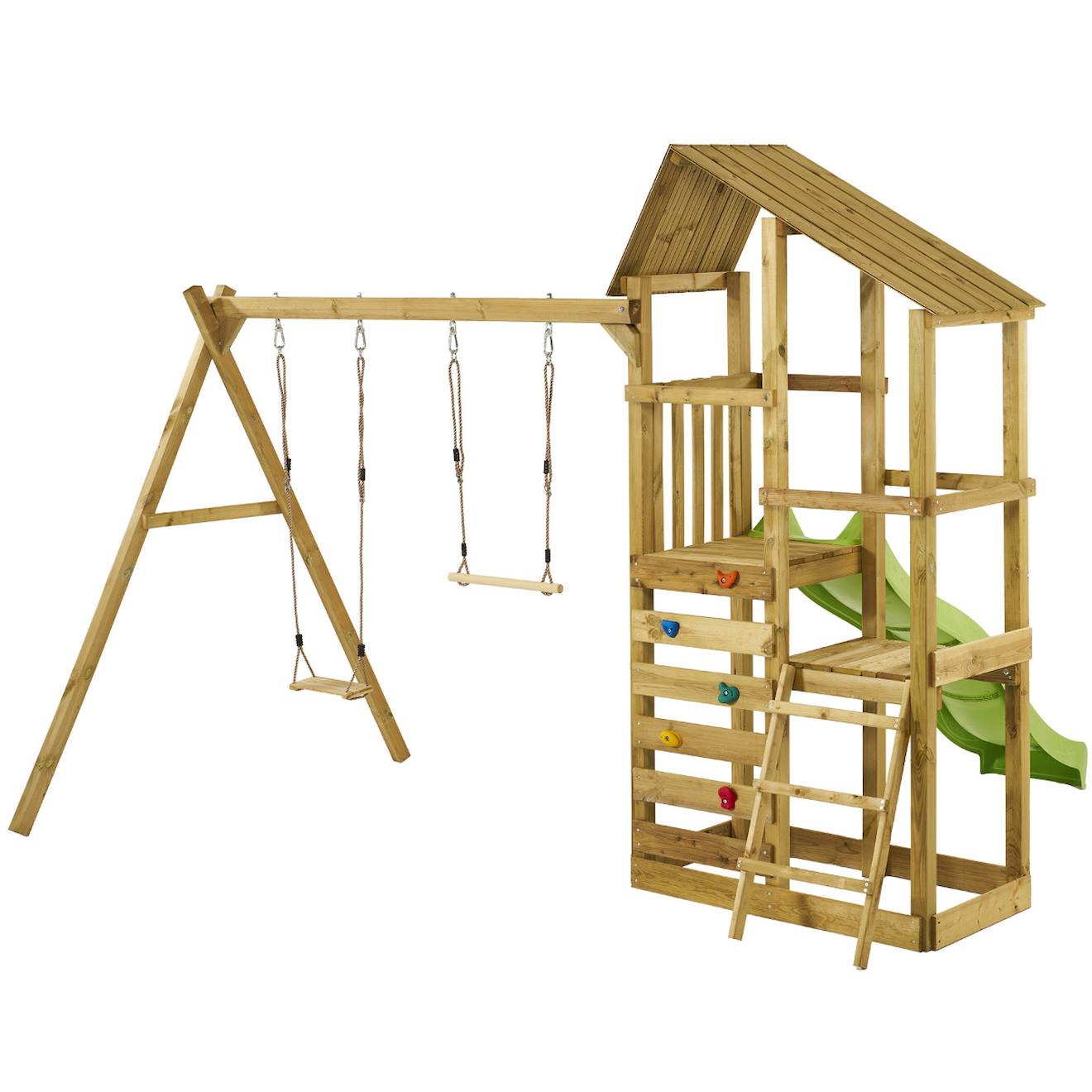 Tour De Jeux En Bois Woupi – Balançoire, Trapèze, Toboggan, Mur Escalade, Cabane Marron