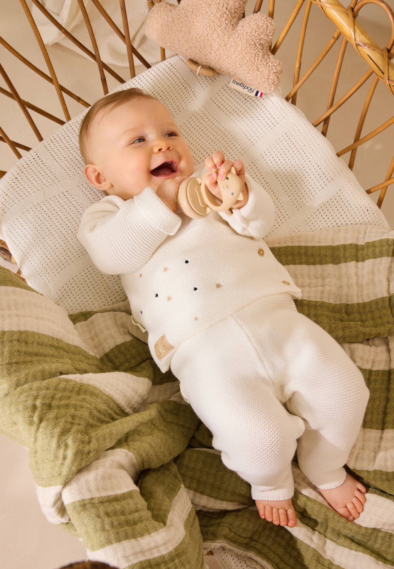 Ensemble Gilet Et Pantalon Bébé En Tricot Hello Baby Ecru