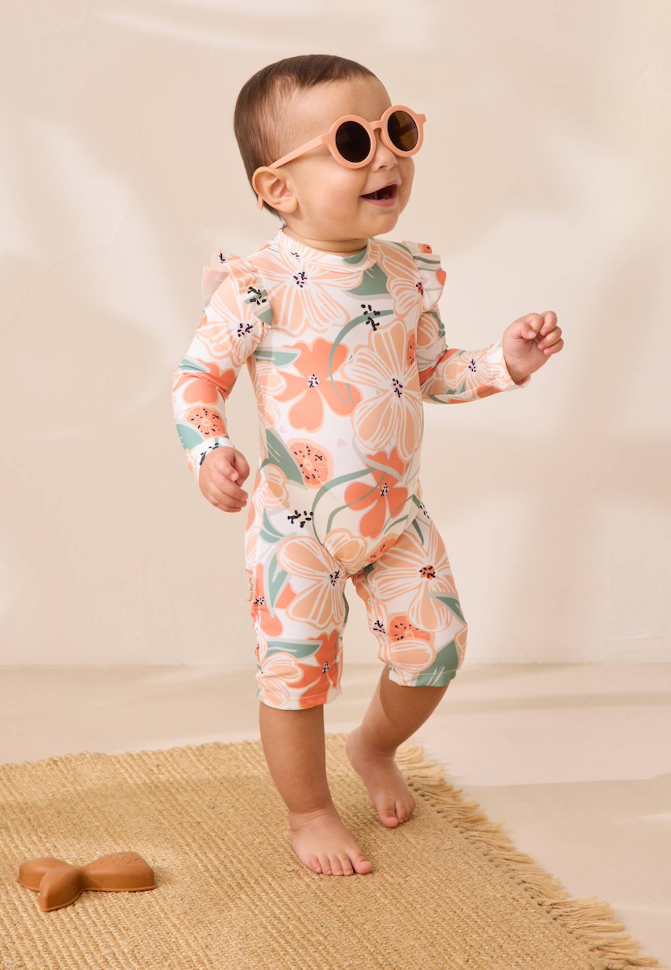 Combinaison De Bain Bébé Manches Longues Protection Uv Fleur Ecru