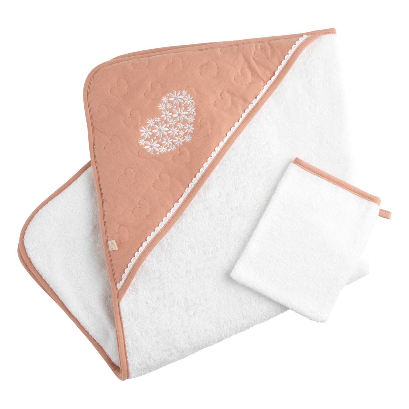 Cape De Bain Et Gant En Coton Matelassé Et Éponge Blanc/rose
