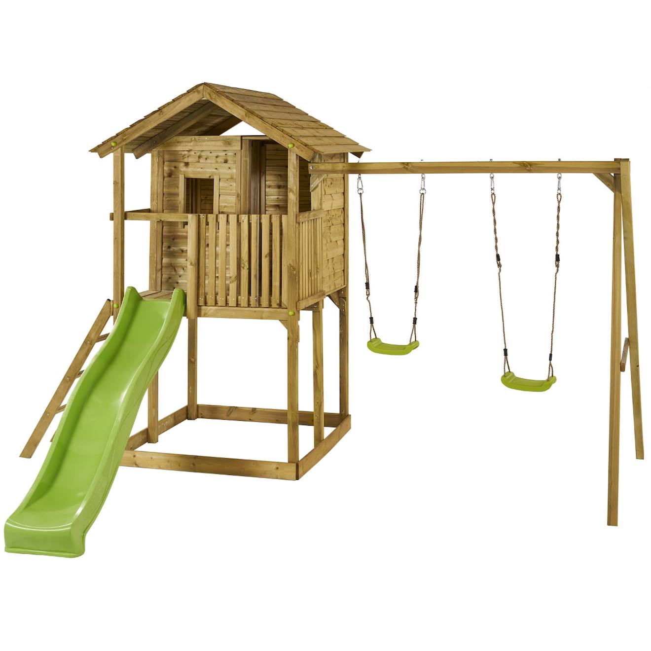 Aire De Jeux En Bois Avec Cabane Sur Pilotis Wapiti – Balançoires, Toboggan, Cabane Avec Balcon Marron