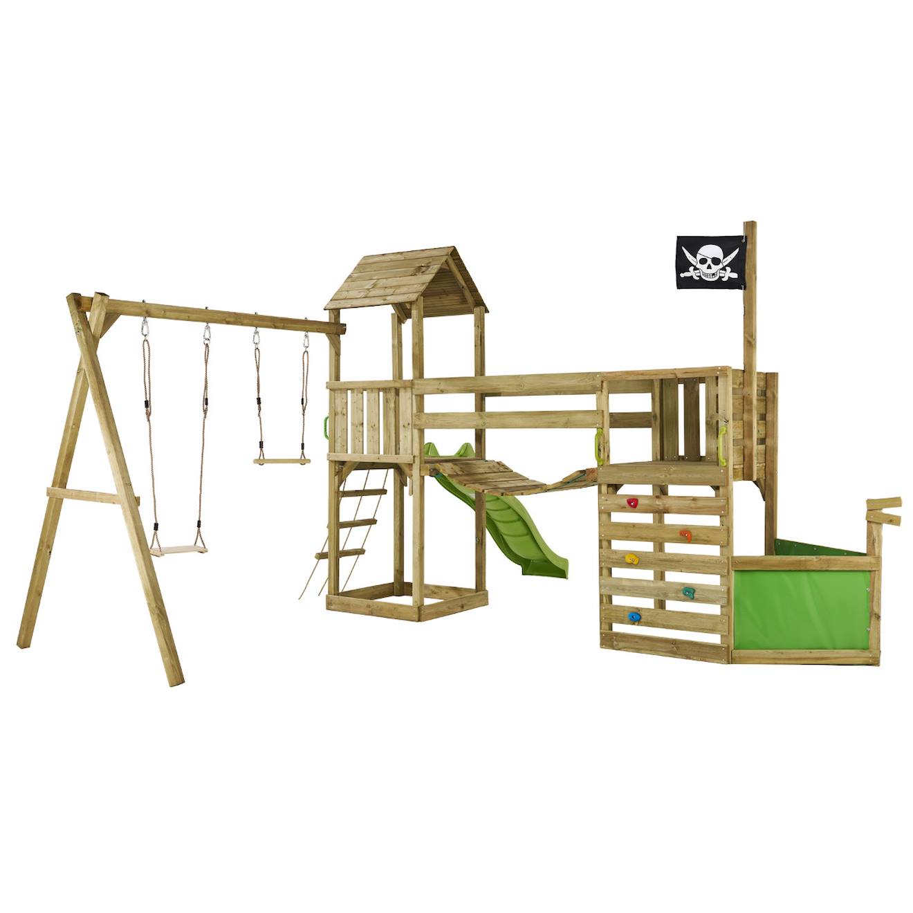 Aire De Jeux Pirate En Bois Willi Avec Vigie - Balançoire, Trapèze, Toboggan, Mur D'escalade, Cabane Sur Plateforme, Pont Suspendu Marron