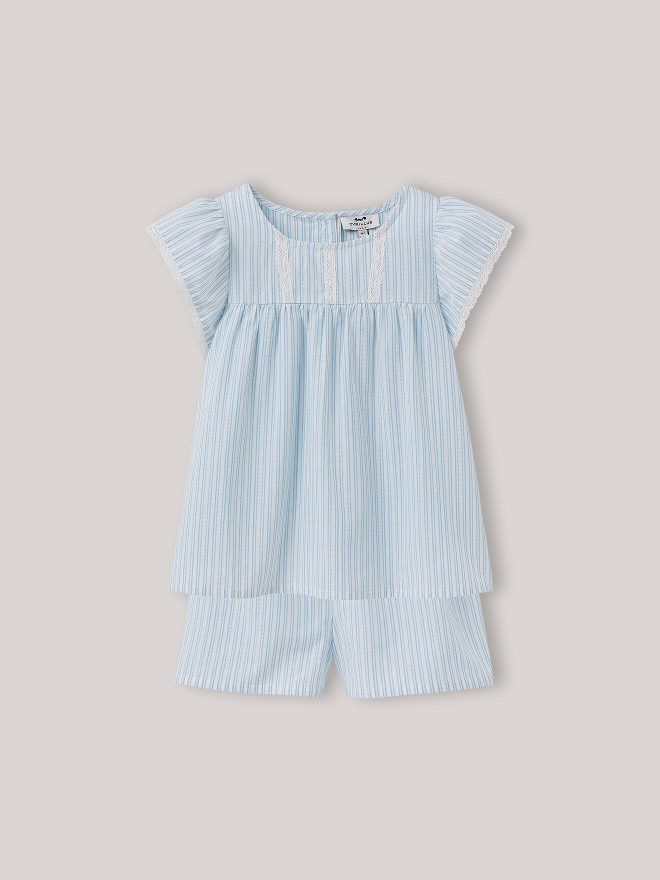 Pyjashort Fille En Coton Rayé Rayure Bleu/ Ecru
