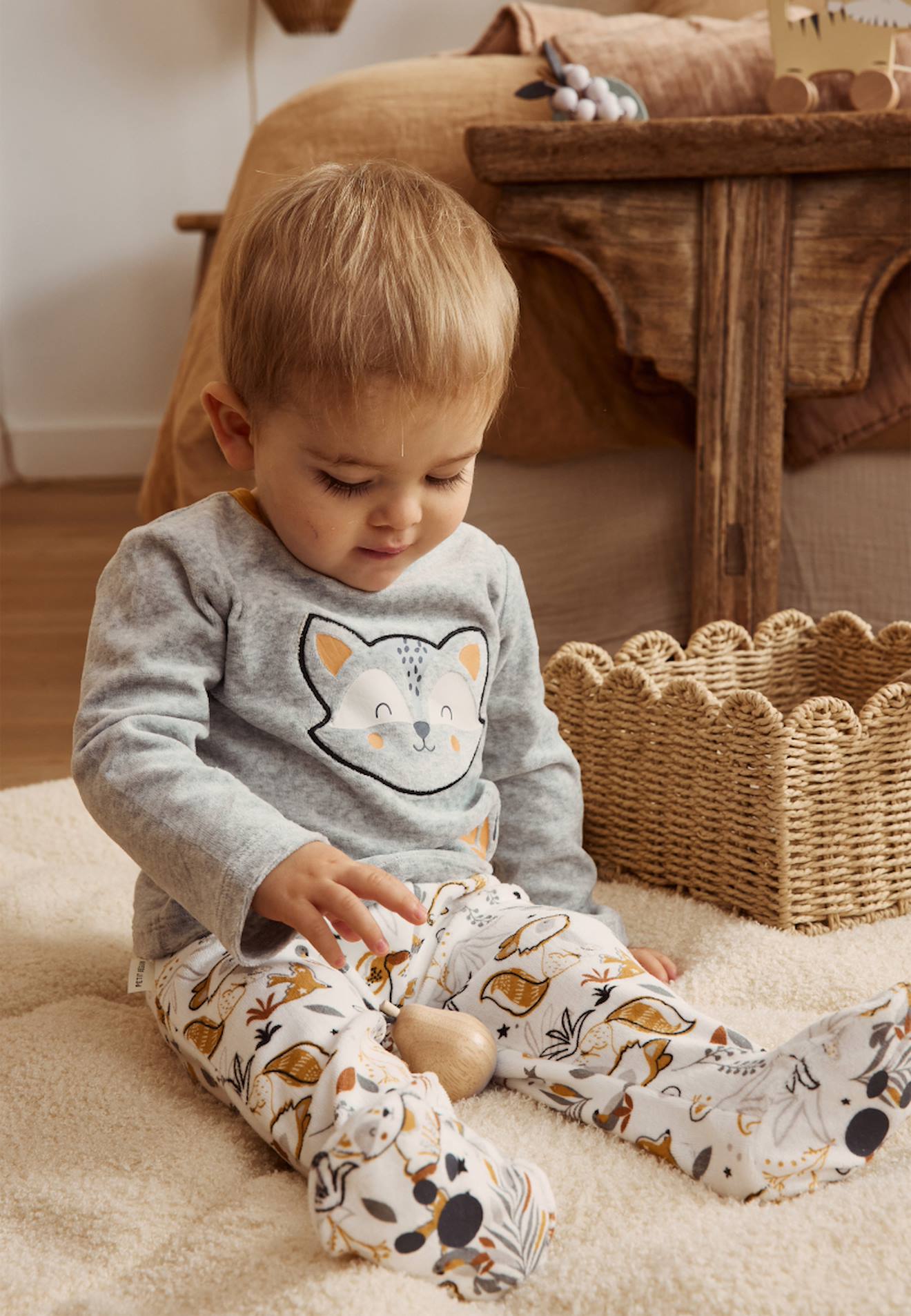 Pyjama Bébé 2 Pièces En Velours Avec Pieds Petit Loup Gris