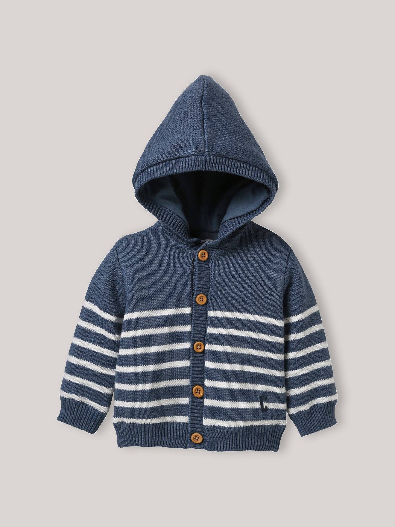 Cardigan À Capuche En Coton Biologique Rayure Bleu/ Ecru
