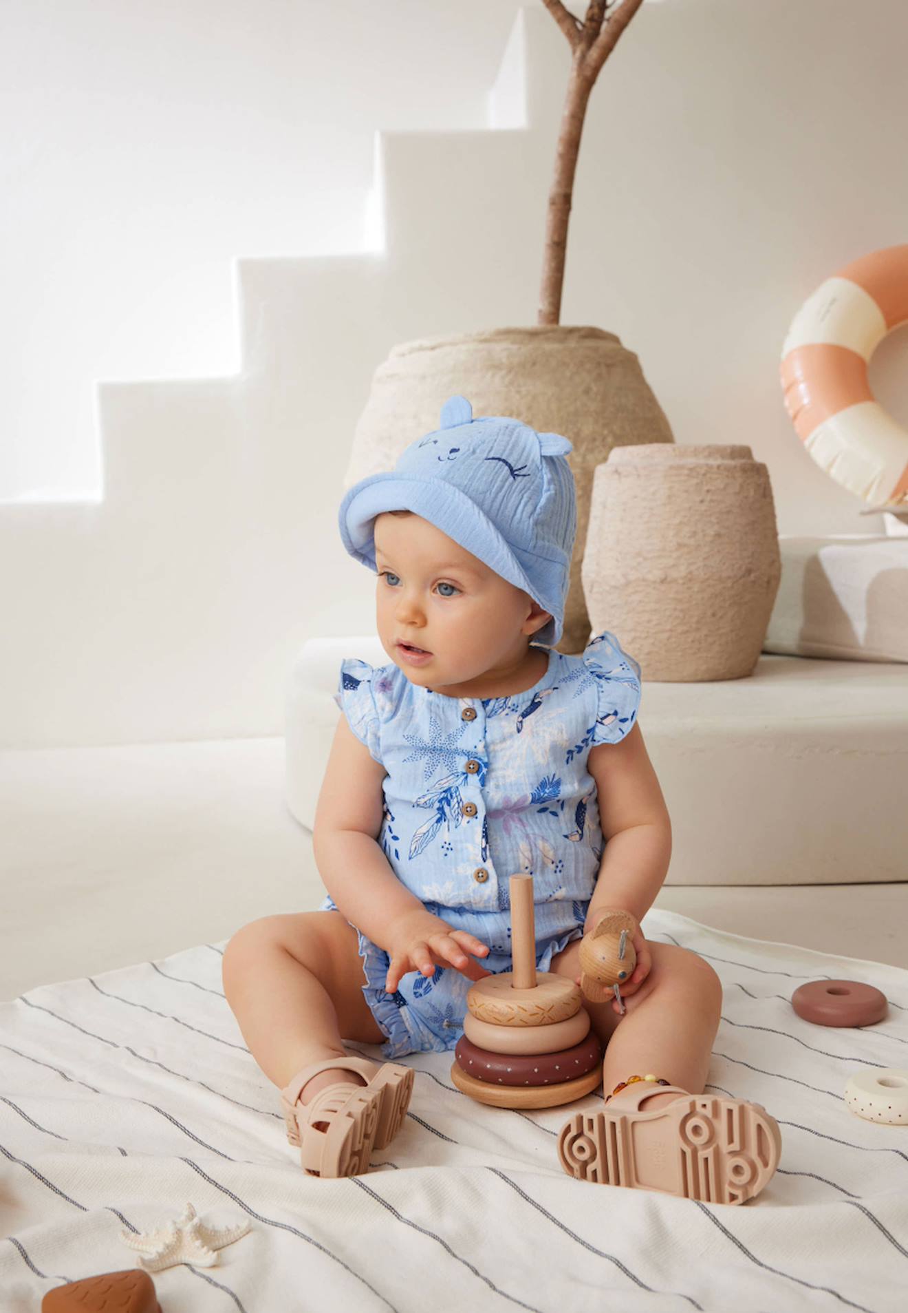 Combishort Bébé + Chapeau En Gaze De Coton Bleue Bella Chica Bleu