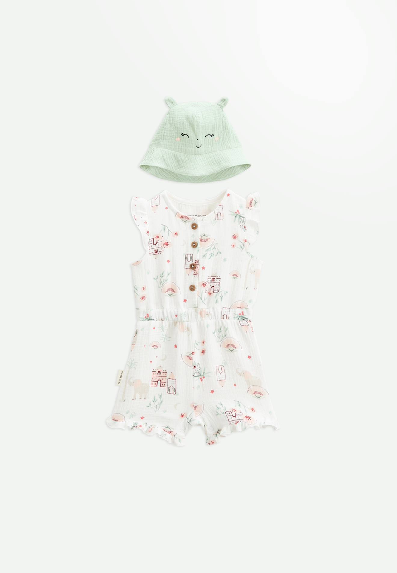 Combishort Bébé + Chapeau En Gaze De Coton Arya Ecru