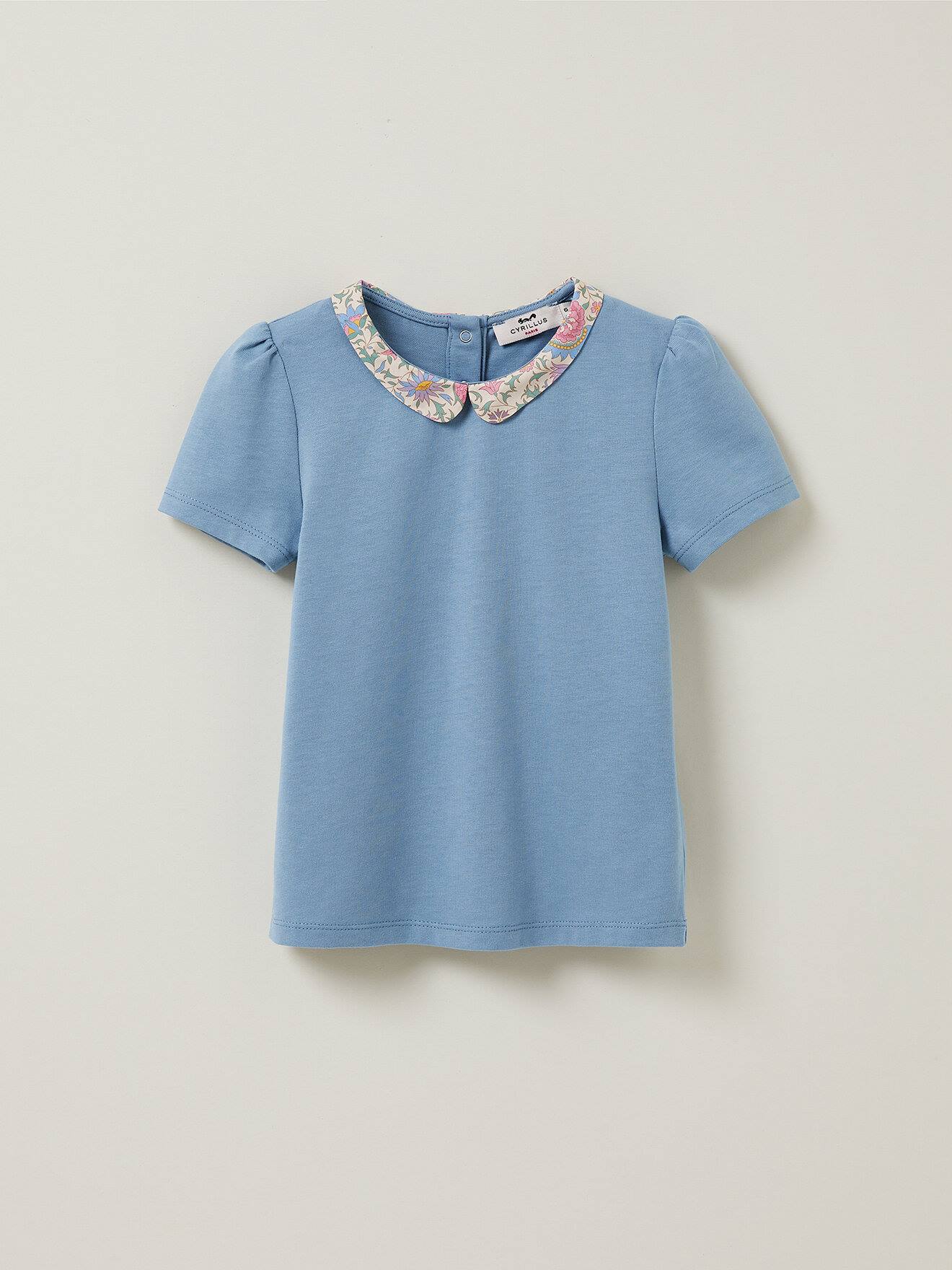 T-shirt Col En Tissu Liberty En Coton Biologique Bleu Grise