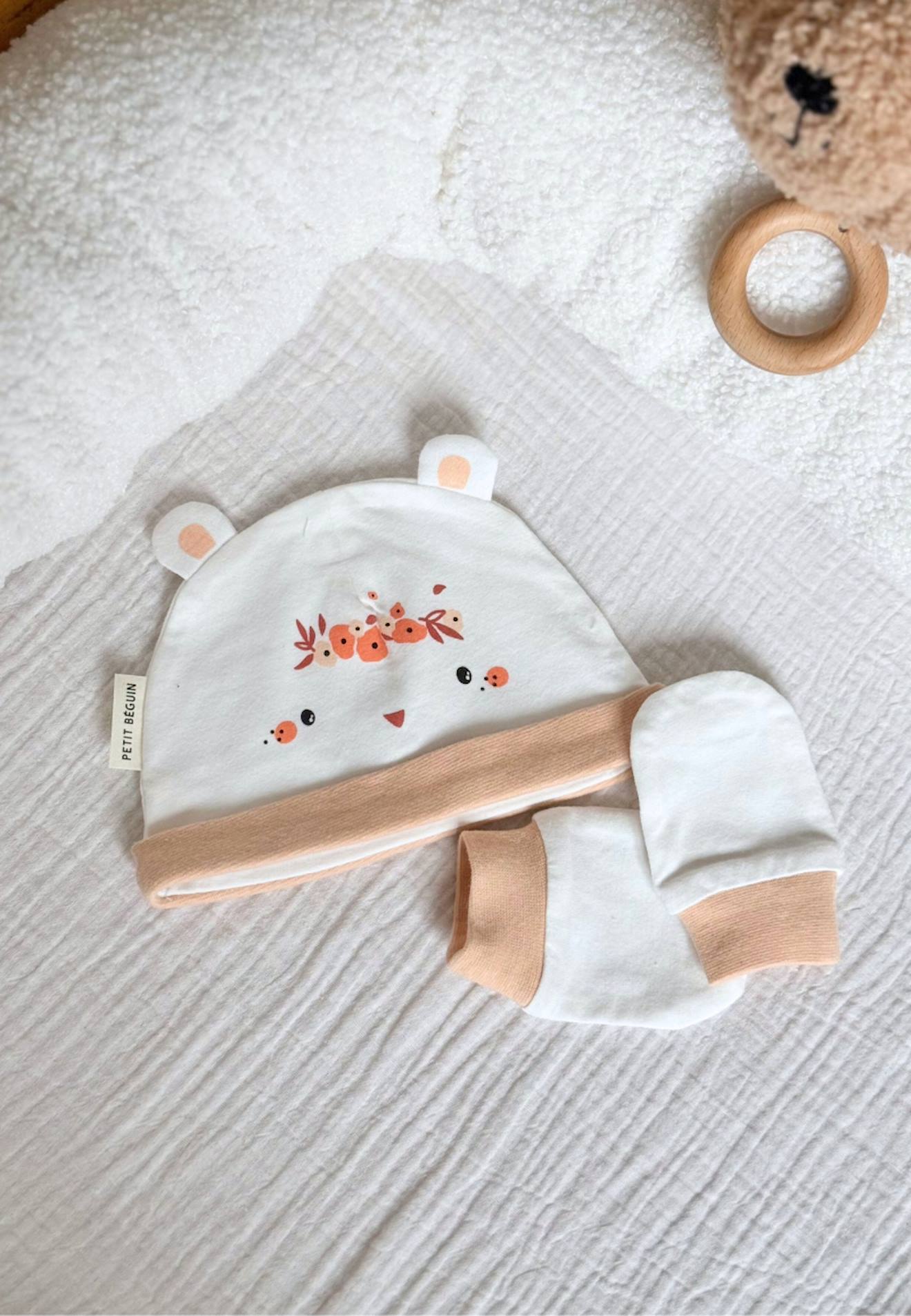Bonnet Bébé Et Moufles Anti-griffures Miss Plume Ecru