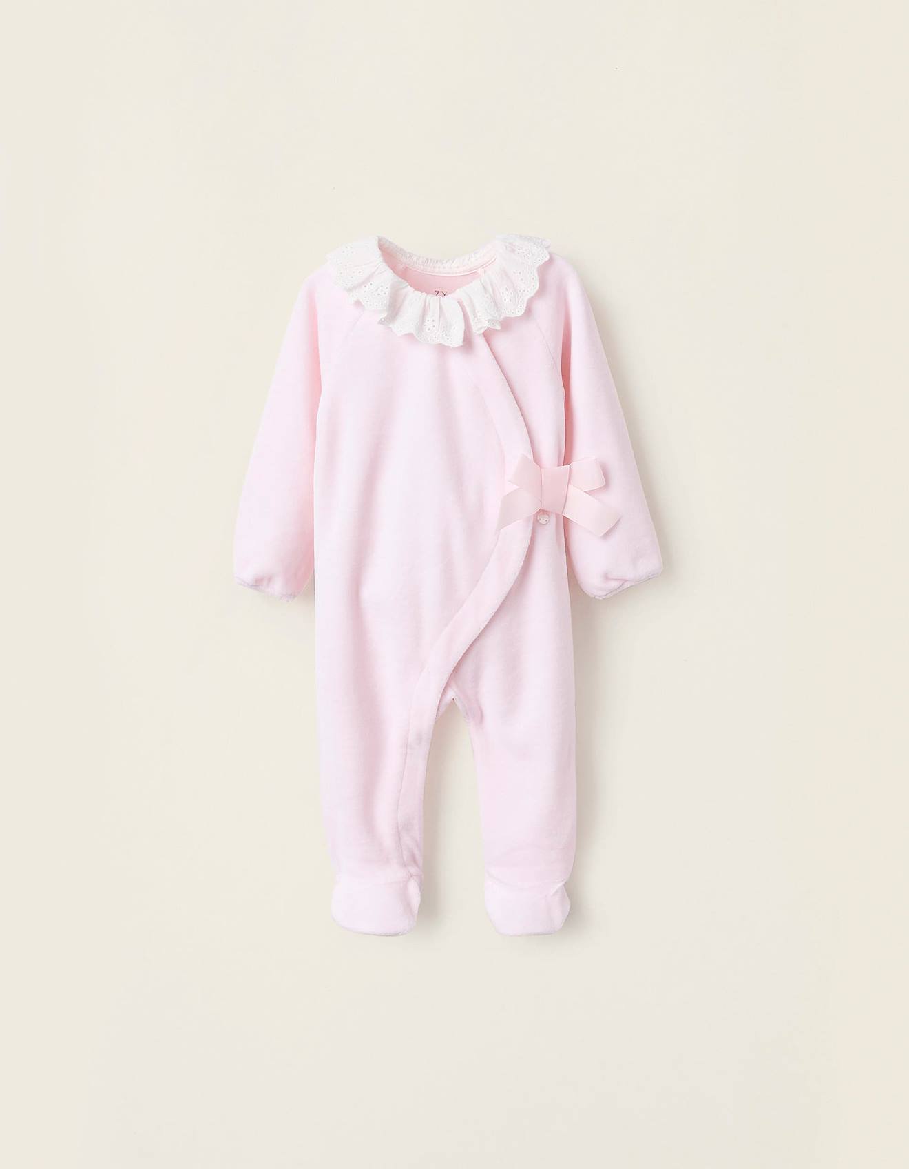 Grenouillère En Velours Avec Nœud Et Broderie Anglaise Rose