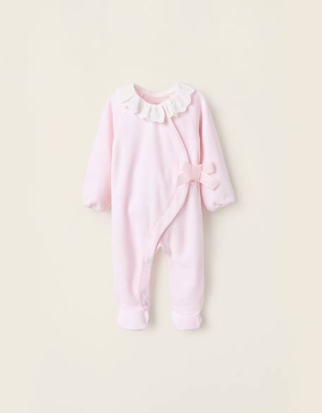 Bébé-Grenouillère en velours avec nœud et broderie anglaise