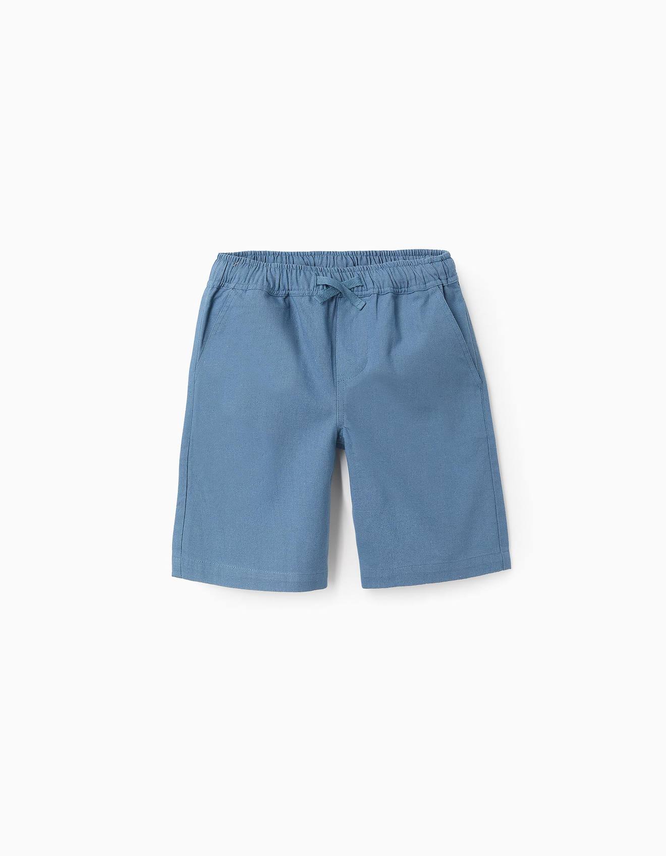 Short En Coton Et Lin Bleu