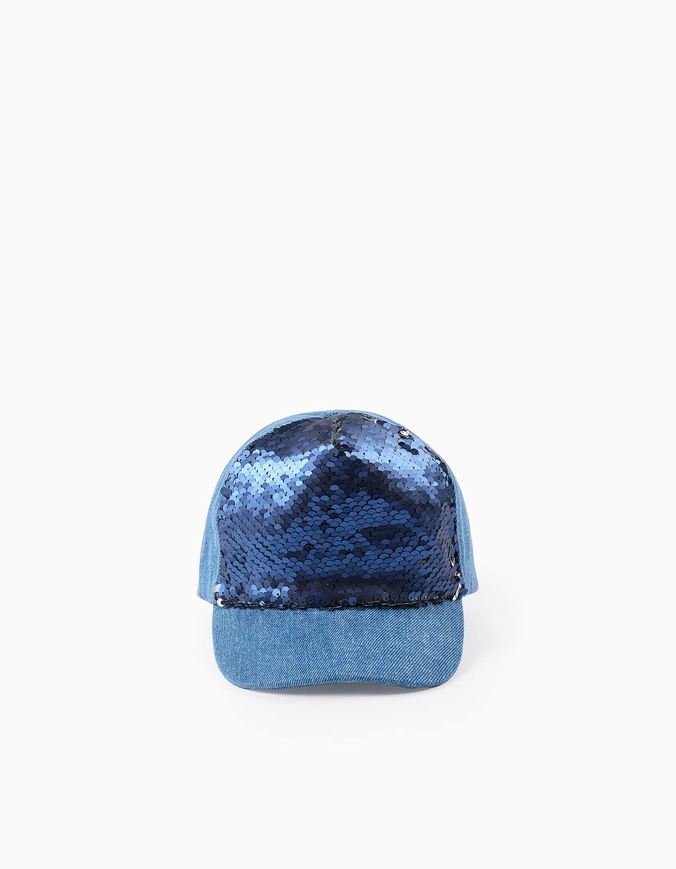 Casquette En Jean À Sequins Réversible Bleu