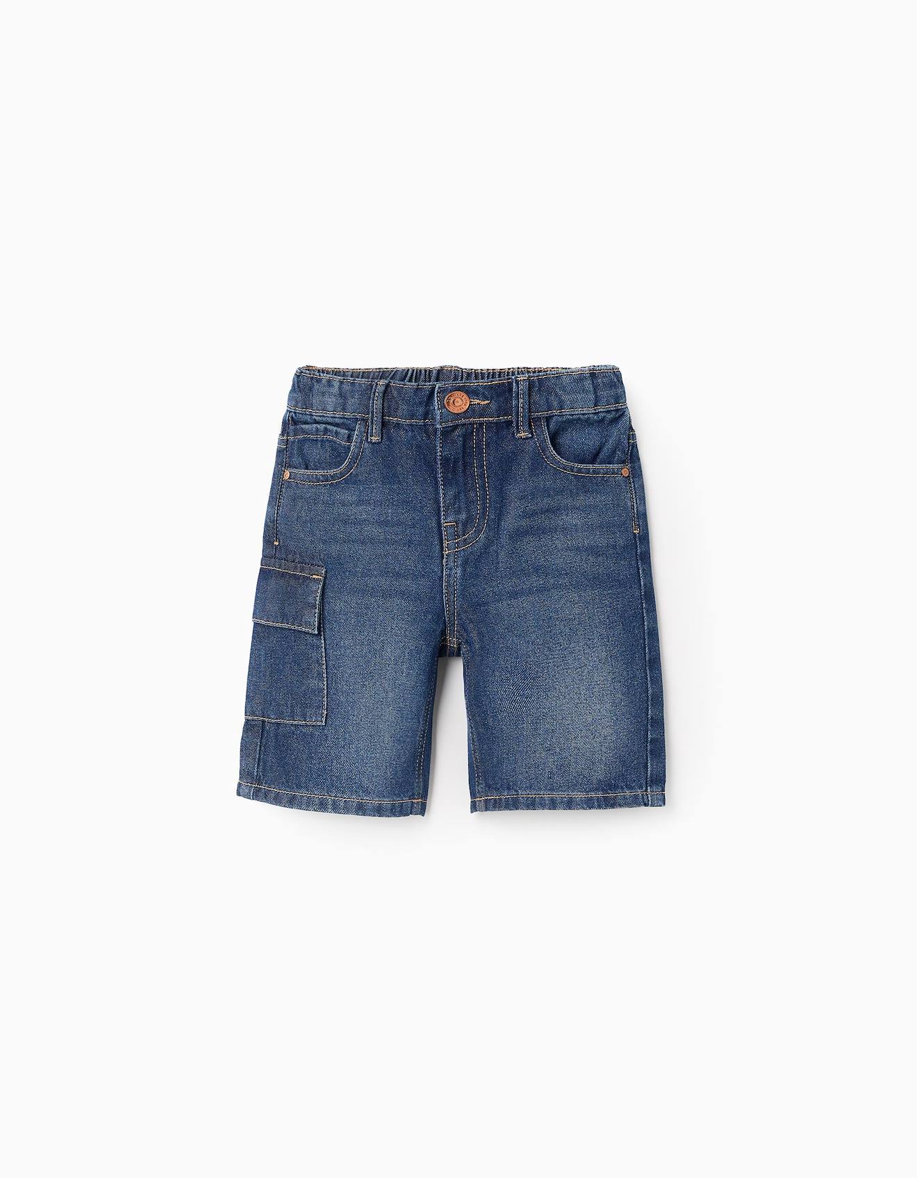 Short En Jean En Coton Avec Poche Cargo Bleu