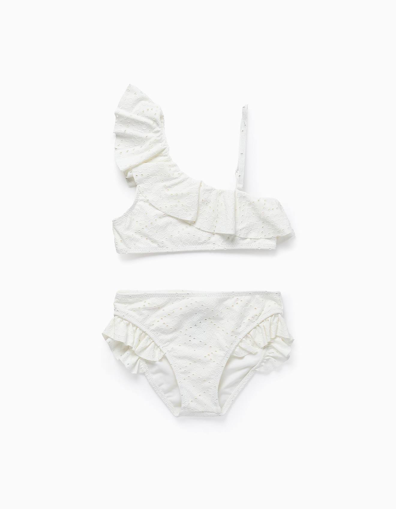 Maillot De Bain Floral Avec Volants Et Broderies Blanc