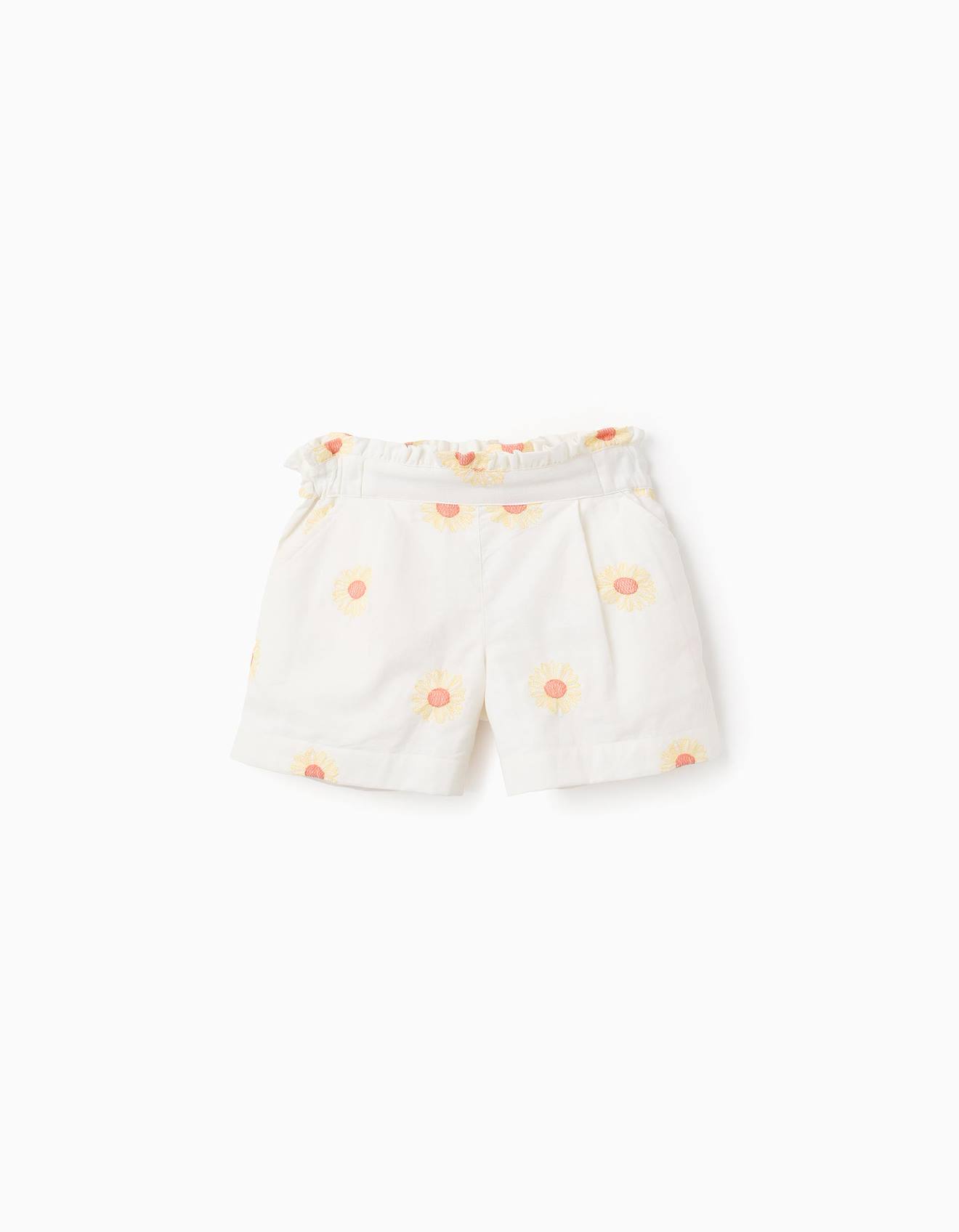 Short En Coton Et Lin Avec Fleurs Beige Clair