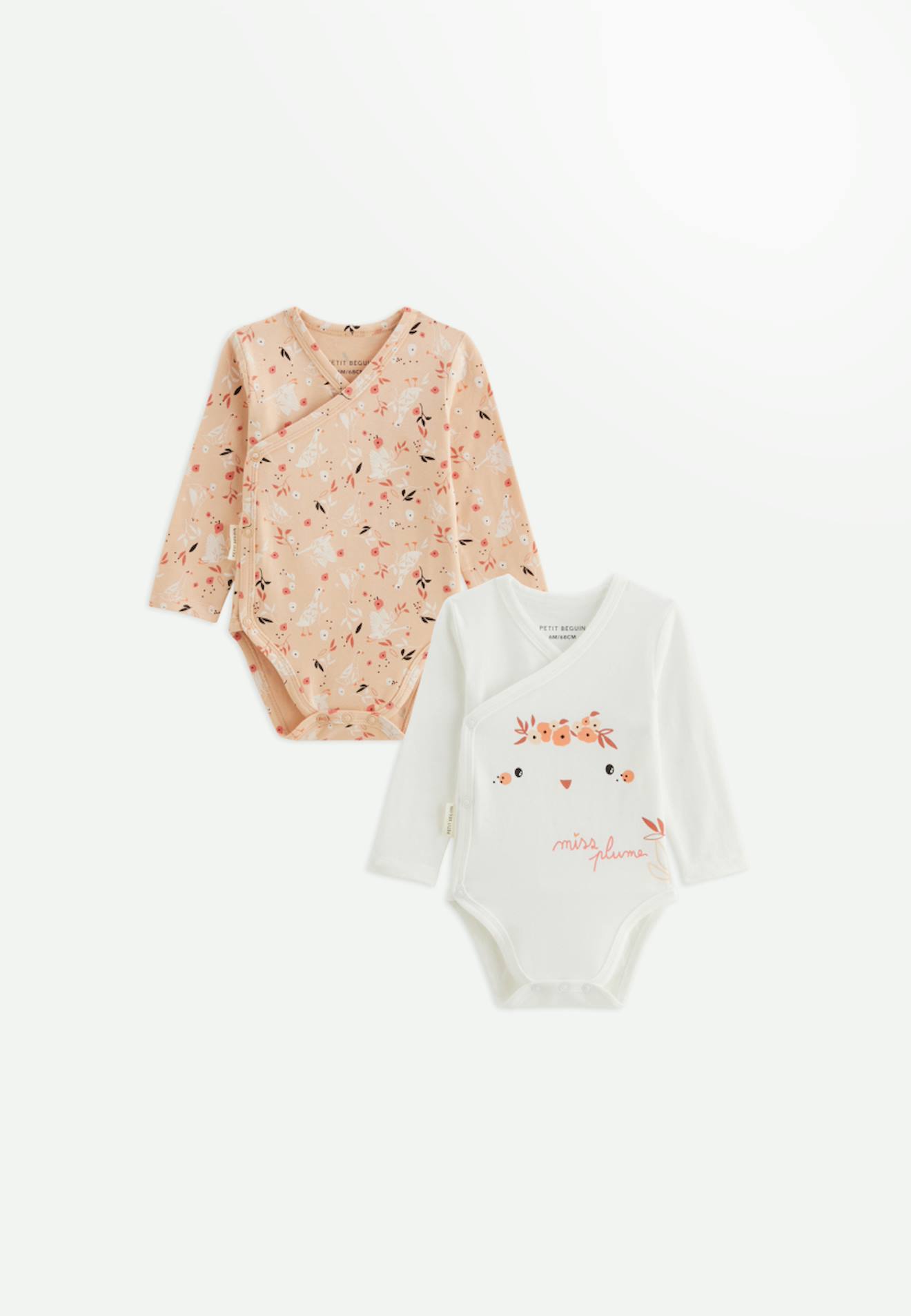 Lot De 2 Bodies Bébé Manches Longues Ouverture Croisée Miss Plume Ecru