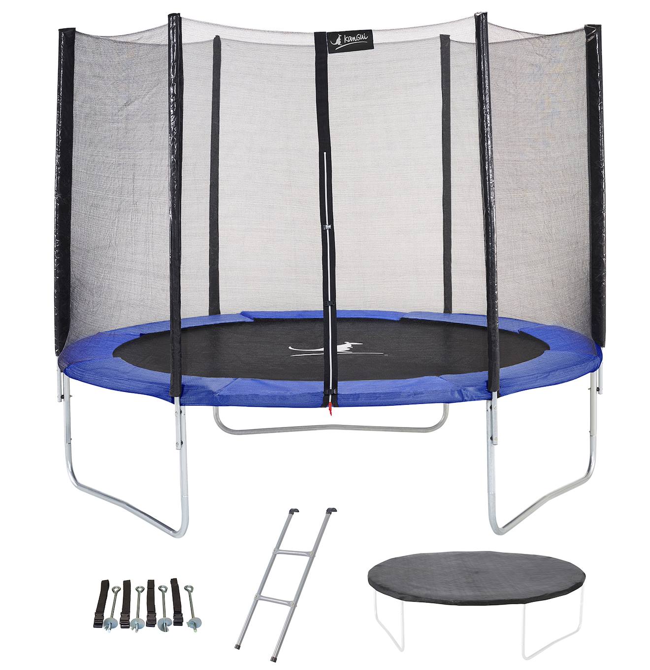 Trampoline Rond Bleu Ø300cm Avec Filet, Échelle, Bâche Et Kit Ancrage Noir