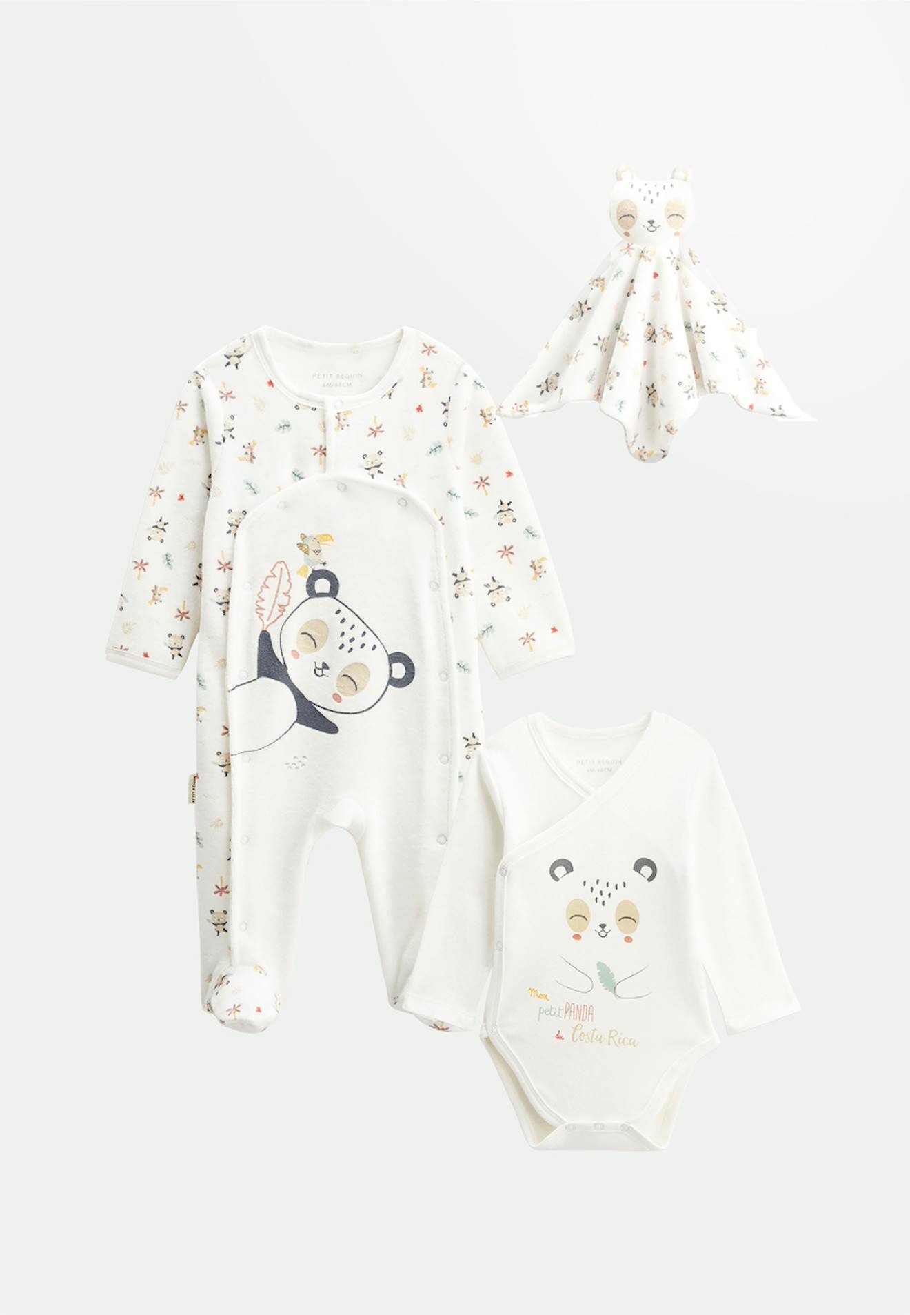 Kit naissance 3 pièces pyjama, body et doudou bébé baby panda ecru