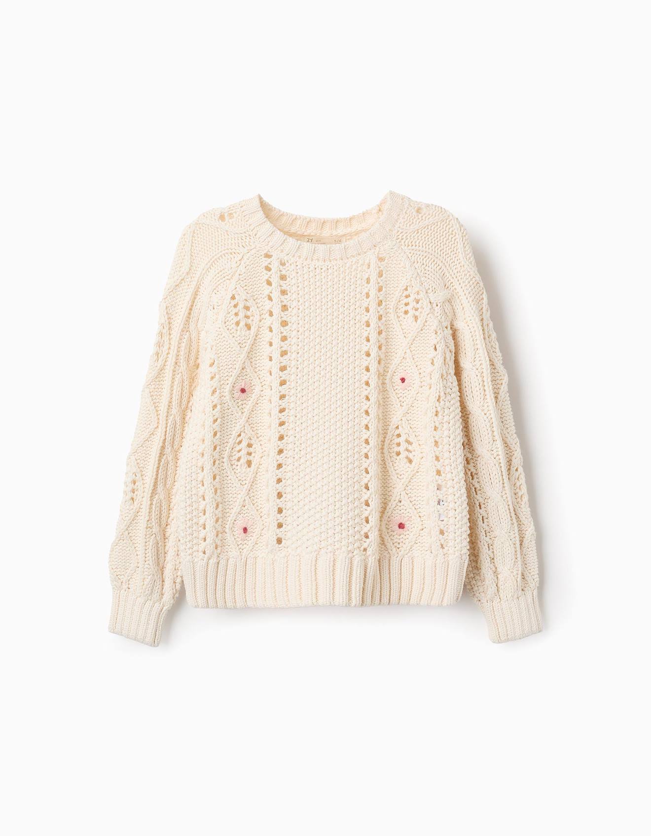 Pull En Maille Épaisse Avec Broderies De Fleurs Écru