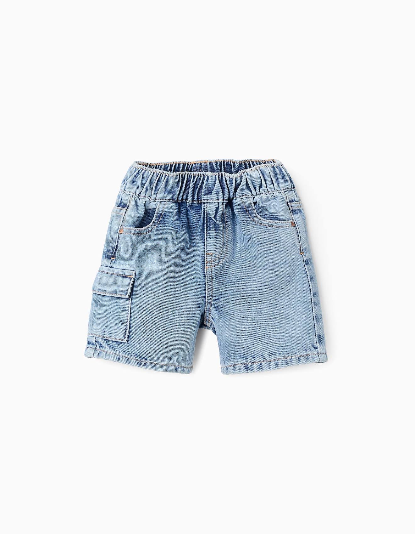 Short En Jean En Coton Avec Poche Cargo Bleu Clair