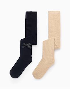 -Pack 2 collants côtelé/avec noeud