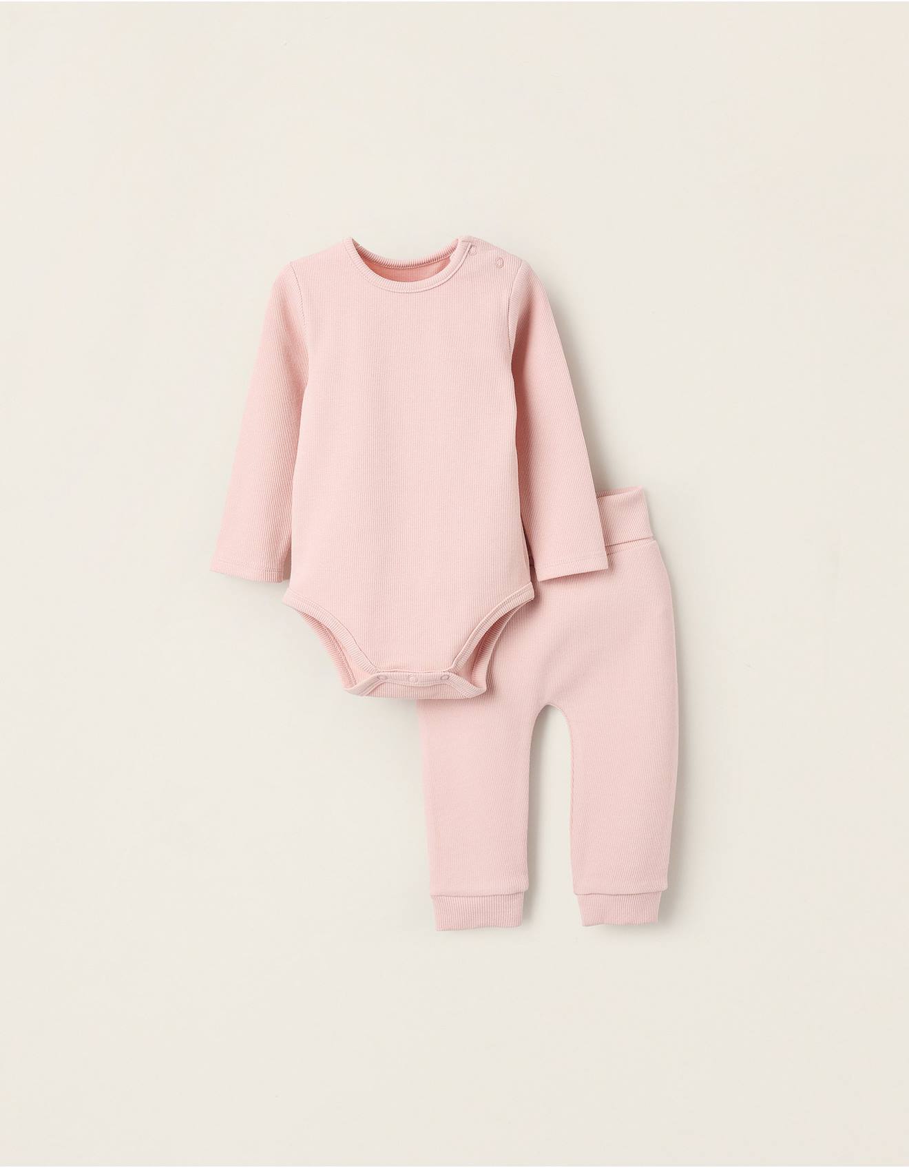 Pyjama Côtelé De Body Et Pantalon Rose Clair