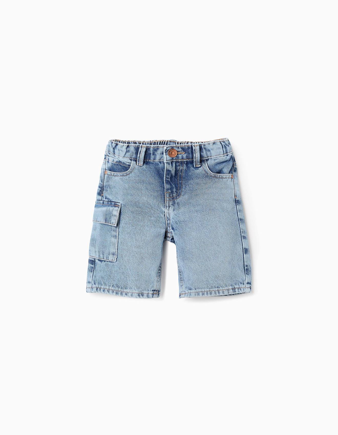 Short En Jean En Coton Avec Poche Cargo Bleu Clair