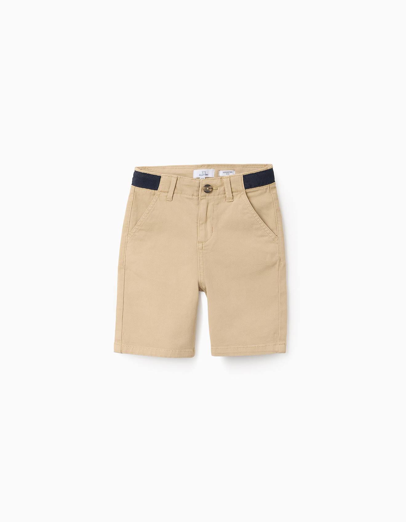 Short En Sergé Avec Taille Contrastée Beige