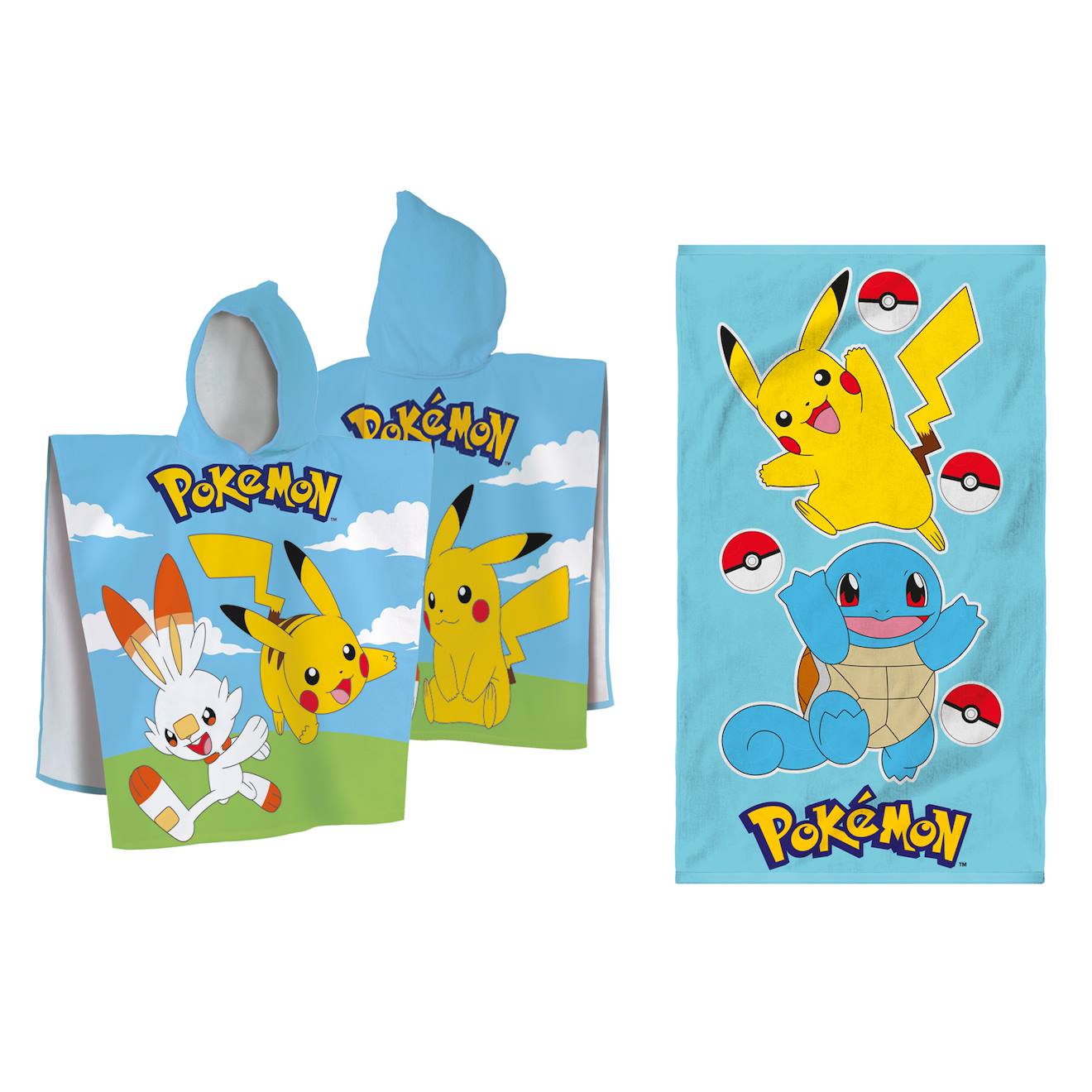 Ensemble Cape De Bain Et Drap De Plage Imprimés 100% Coton, Pokemon Grass Et Port Bleu