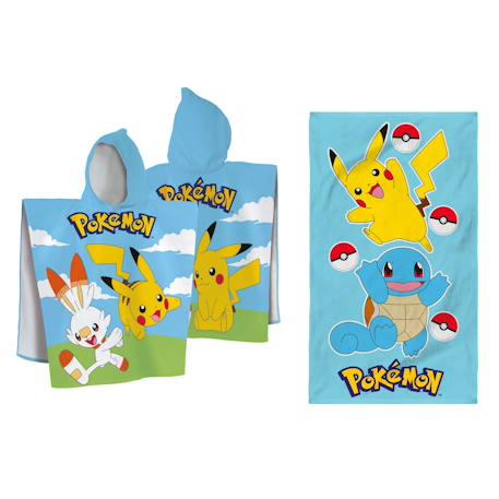 Ensemble cape de bain et drap de plage imprimés 100% coton, pokemon grass et port  - vertbaudet enfant