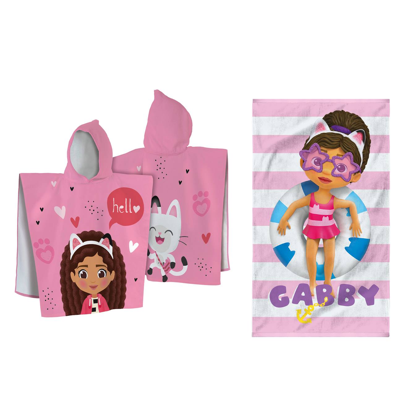 Ensemble Cape De Bain Et Drap De Plage Imprimés 100% Coton, Gabby Et La Maison Magique Duo Et Pink Rose