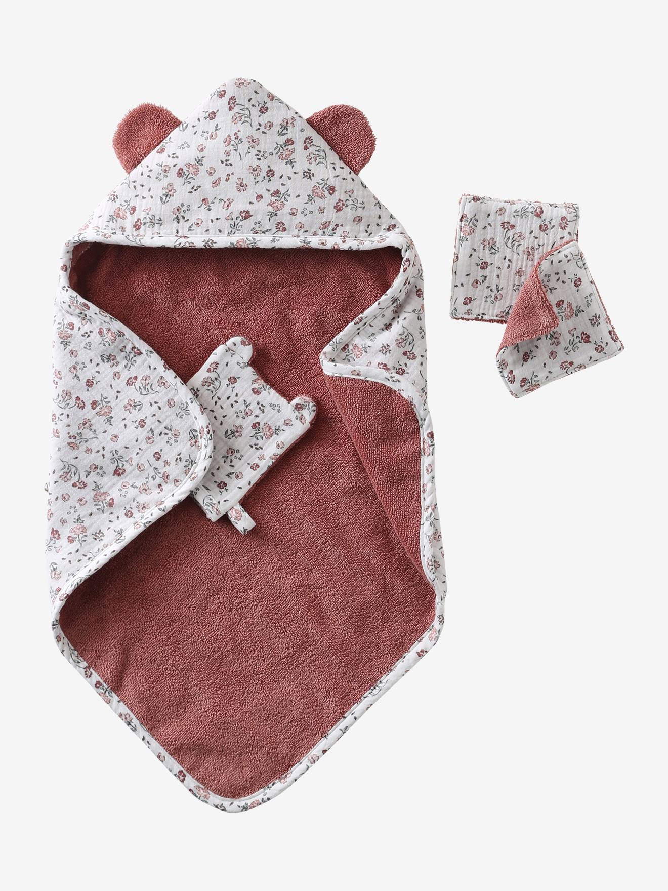 Set cape de bain + gant + lingettes poupon en gaze de coton petites fleurs