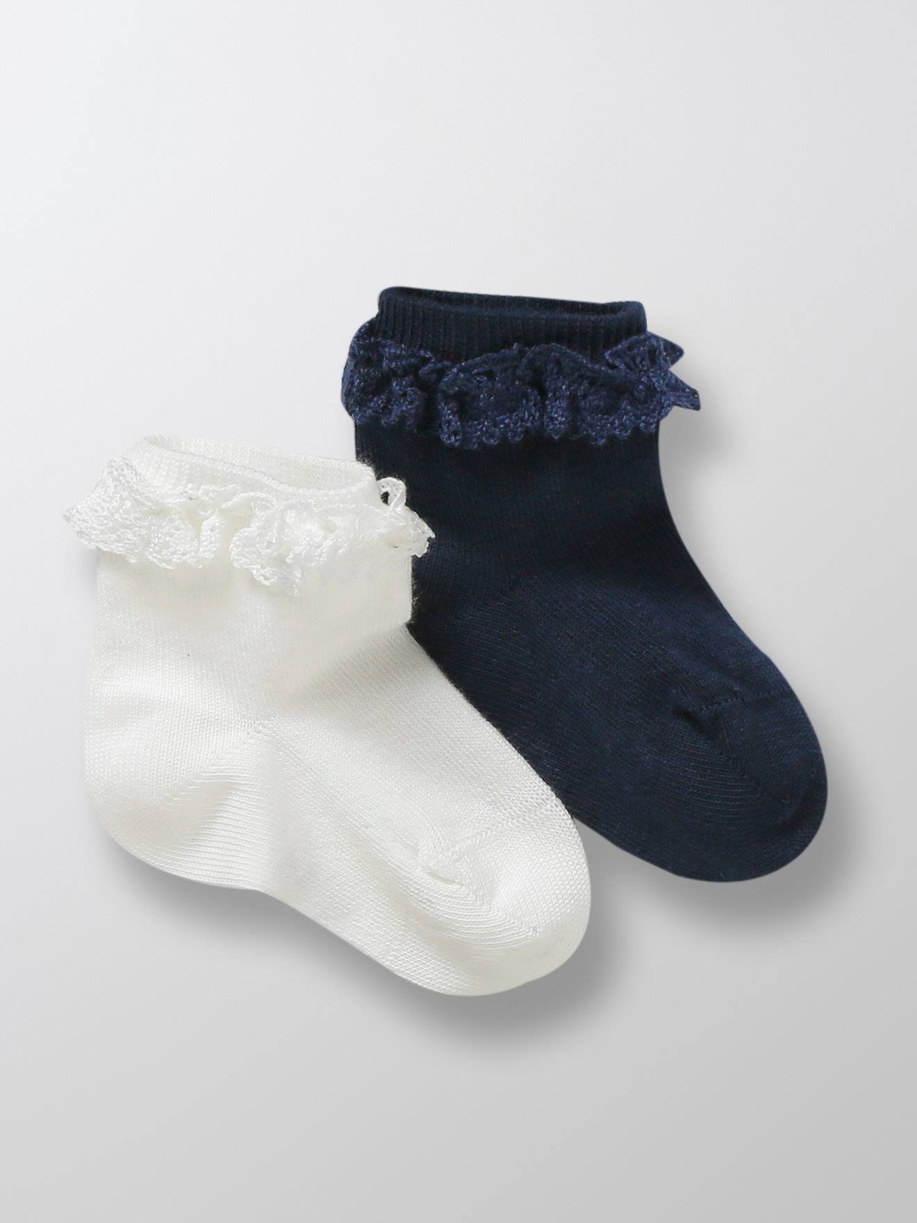 Socquettes Avec Dentelle Bébé Par Lot De 2 Ecru / Marine